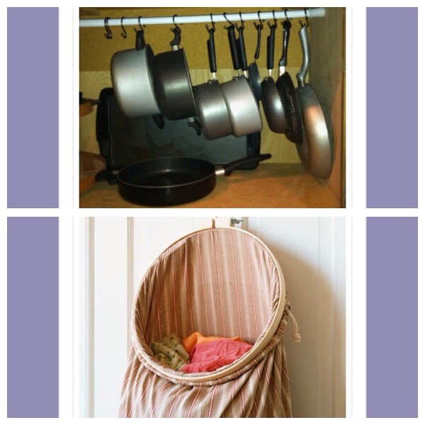 35. Use a tension rod and shower hooks to store saucepans inside a cupboard
36. Make a simple laundry hamper by using an old pillowcase and an old embroidery hoop