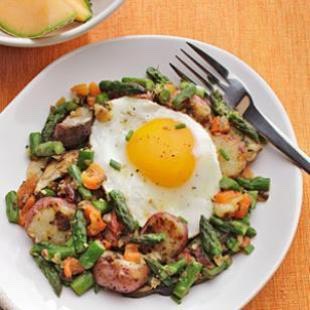 Sunny side up eggs or plain egg whites with sautéed asparagus, mushrooms, sweet potatoes and onions makes a great healthy breakfast. 