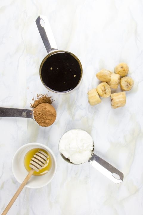 To make it, blend together:
	•	1 frozen banana
	•	1 cup strong-brewed coffee
	•	1 tablespoon unsweetened cocoa powder
	•	1/2 cup plain Greek yogurt
	•	Honey or maple syrup, to taste