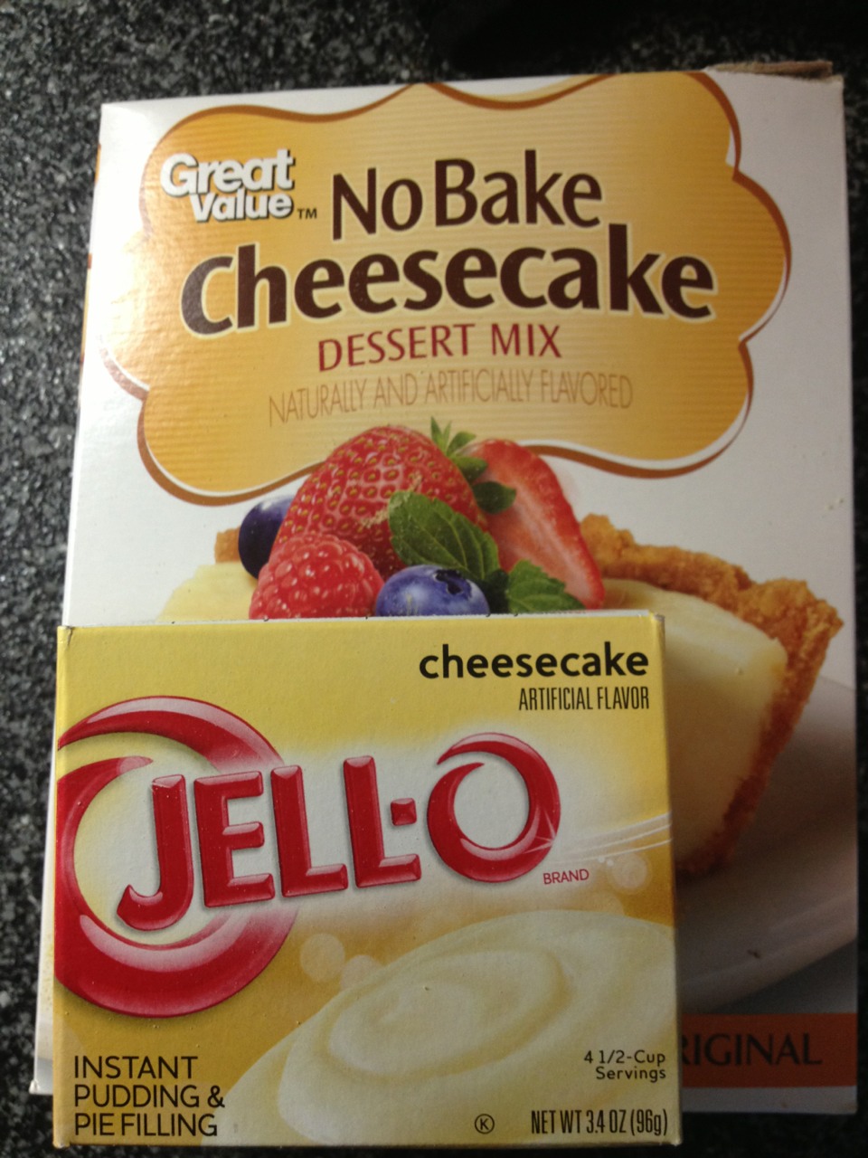 Use 3oz plastic cups, put graham cracker crumbs or Oreo crumbs bottom. In mixer put the cheesecake filling and the pudding mix and add milk as directed for BOTH packages. Mix until smooth about 2-3 minutes. Spoon cheesecake mix into cups and top with strawberries or Oreo cookie pieces! :) enjoy