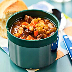 Beef and Barley Soup
Lamb may be used in place of chuck steak, if desired. Use one pound of boneless leg of lamb, cut into one-inch pieces.
Smart Packing Tip: Temperature control is key when packing a lunch. Keep cold food cold (below 40°) and hot food hot (above 140°) as it travels.