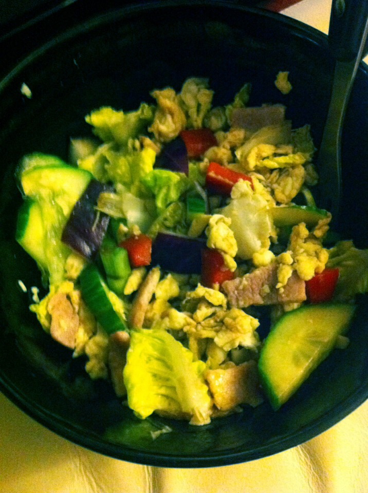 Pour the mix into the bowl with the salad and mix together. Season with a sprinkle of salt and a splash of balsamic vinegar. A healthy, filling meal that is great for your summer body! 