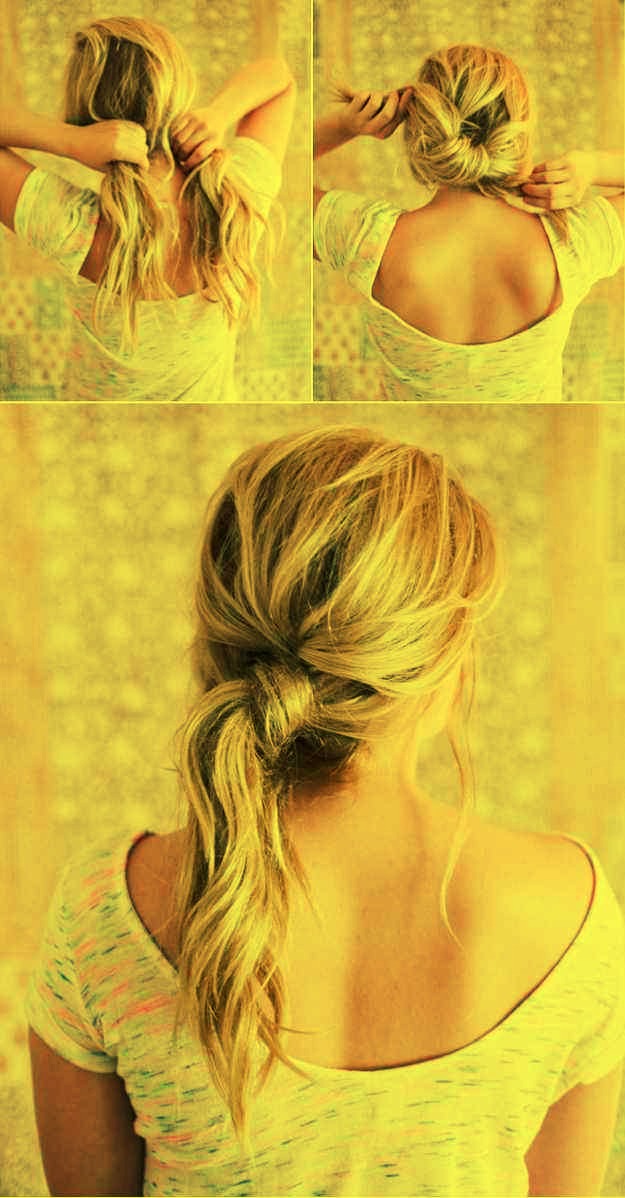 23. The messy knot hairdo will take your ponytail to the next level.

 
Just split, knot, and then hold it in place with a bobby pin.