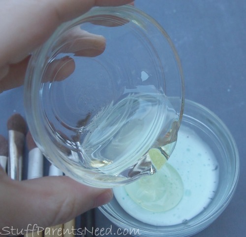 First, mix your olive oil with your shampoo. I just used the back of one of my makeup brushes to get them mixed together.