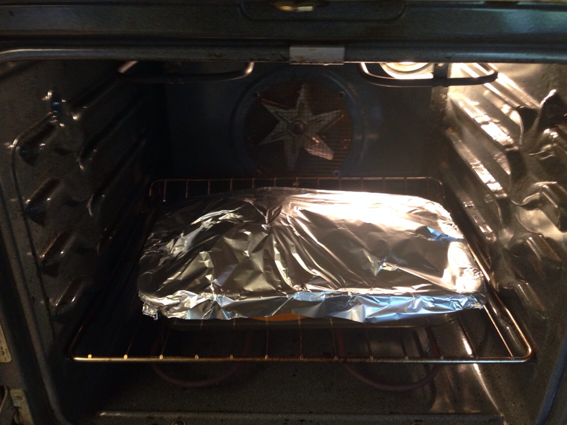 Cover with foil and place in pre heated oven for an hour and half at 375 degrees.