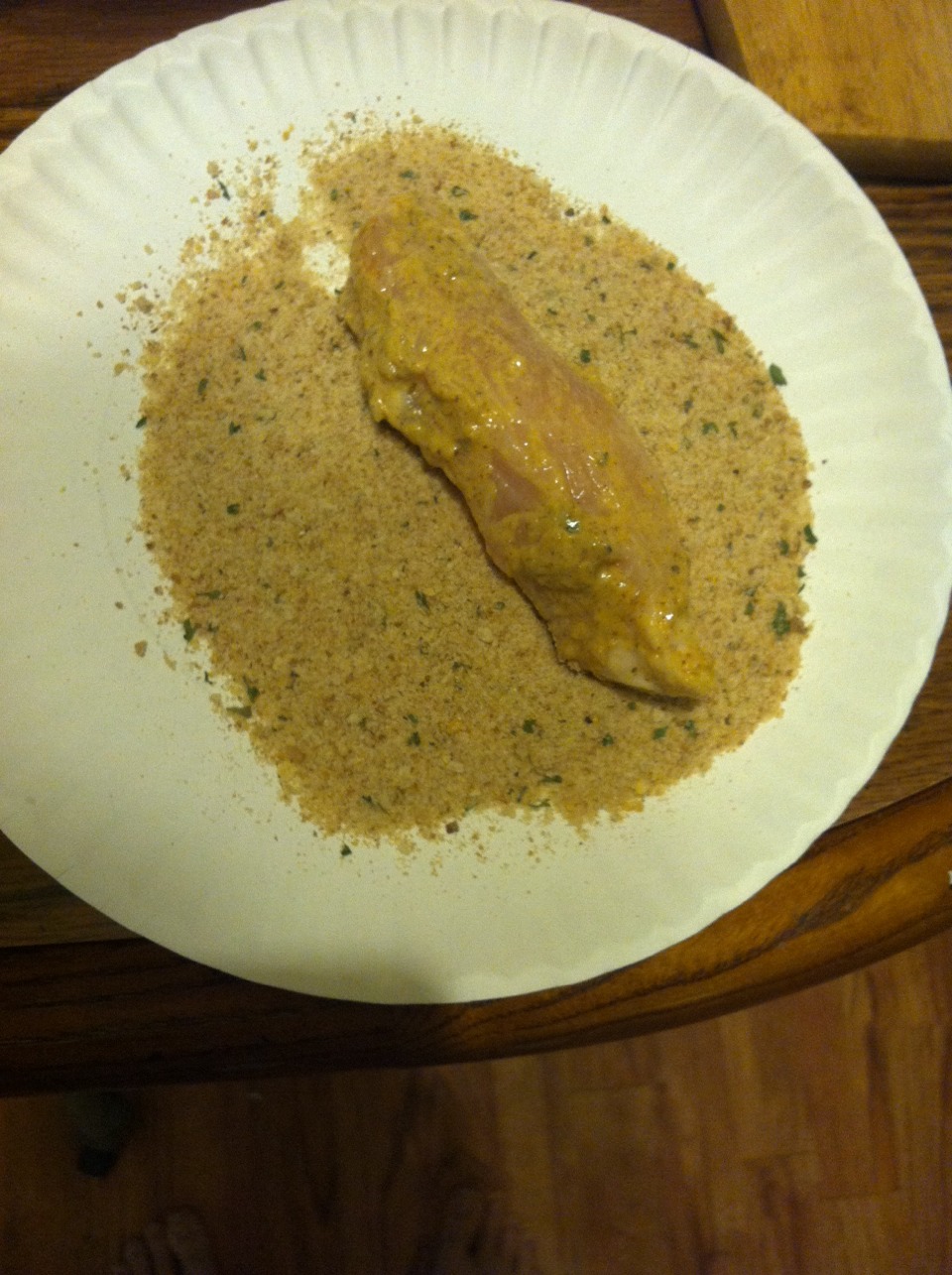 Coat chicken strips in the mustard mixture and roll in the bread crumbs until covered.