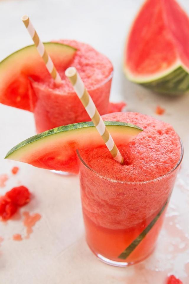 El Rey's Watermelon Rosé Slushie:Blend 1 cup frozen seedless watermelon chunks with 12 ounces rosé (½ bottle), ¼ cup raw sugar, ¼ teaspoon salt. Blend and serve. (This recipe makes enough for 2 servings; double to serve 4.)