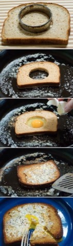 Make a quick egg in a basket by cutting out the center of a piece of toast, add egg, cook and serve

