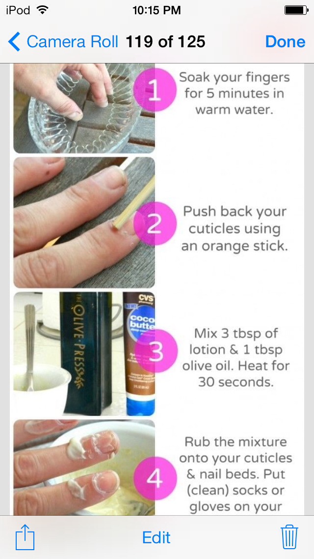 Rinse with water then push back your cuticles mix 3 tbsp of olive oil and lotion for 30 seconds massage over your nails for 5 minutes and TUDU nail treatment 