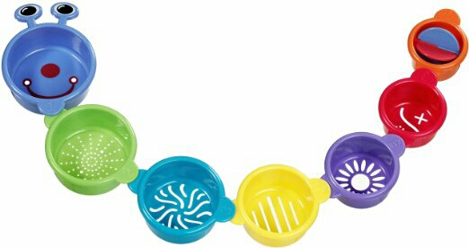 My toddler loves using cups and strainers in the bath!! You can also use measuring cups and a cooking strainer to save money.