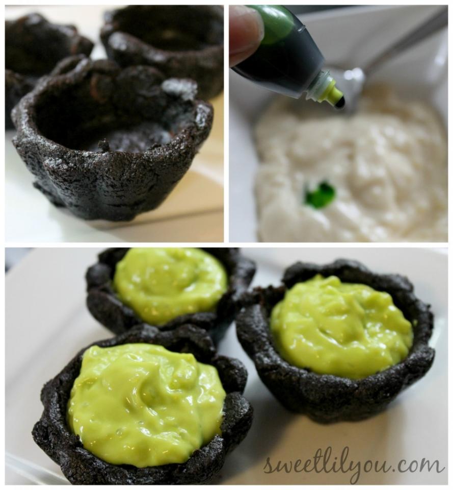 Now it’s time to add the pudding! I used tapioca because I thought it would look more bubbly, like witches brew, but you could also use vanilla pudding if you prefer.  I added in a few drops of neon green food coloring, mixed it up, and scooped it into the cookie cups!