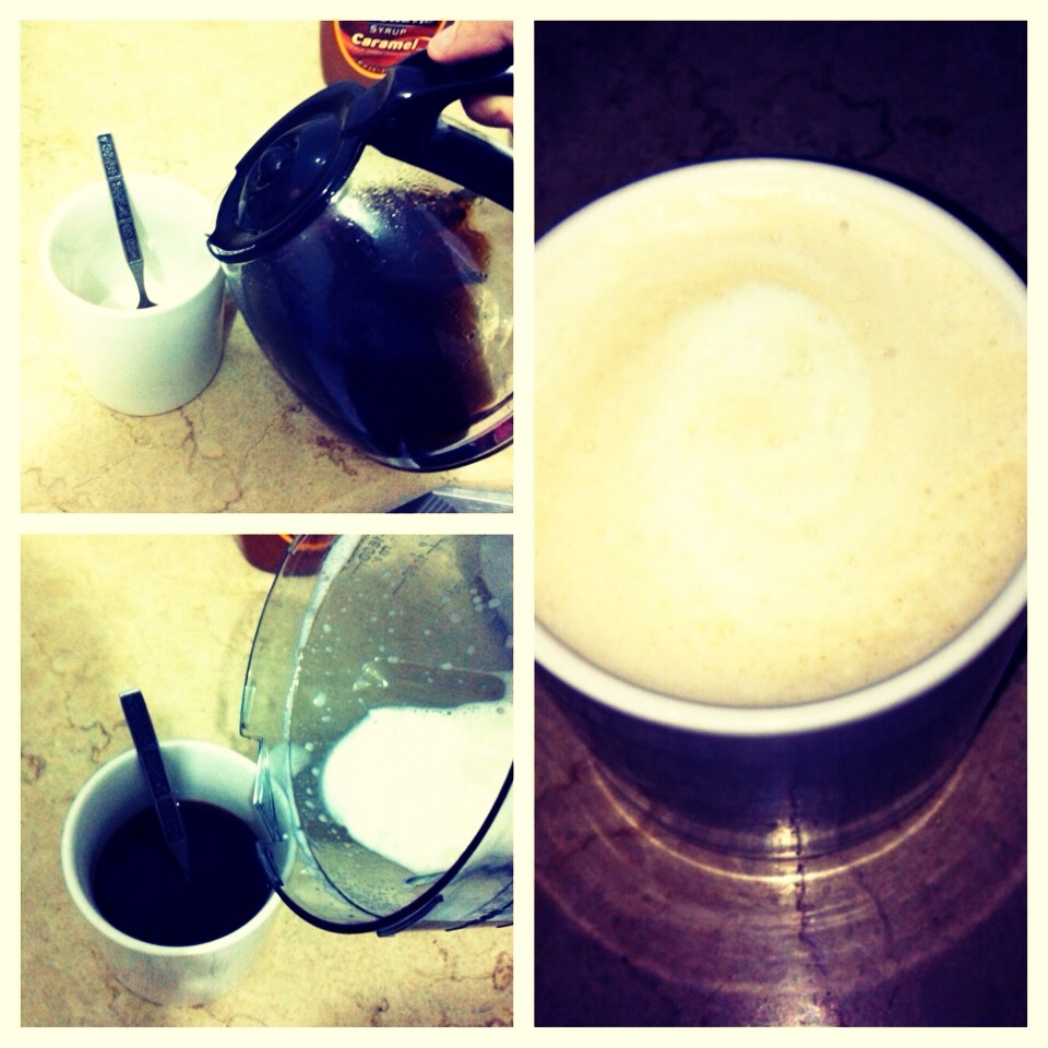 -> First pour your freshly brewed coffee ( you can add sugar to your coffee if you prefer) 
-> Pour the mixture
-> Drizzle some caramel syrup on top! 