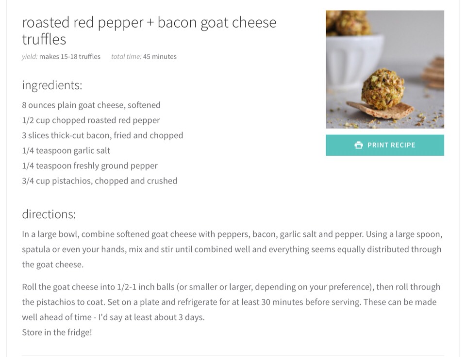 roasted red pepper + bacon goat cheese truffles.
