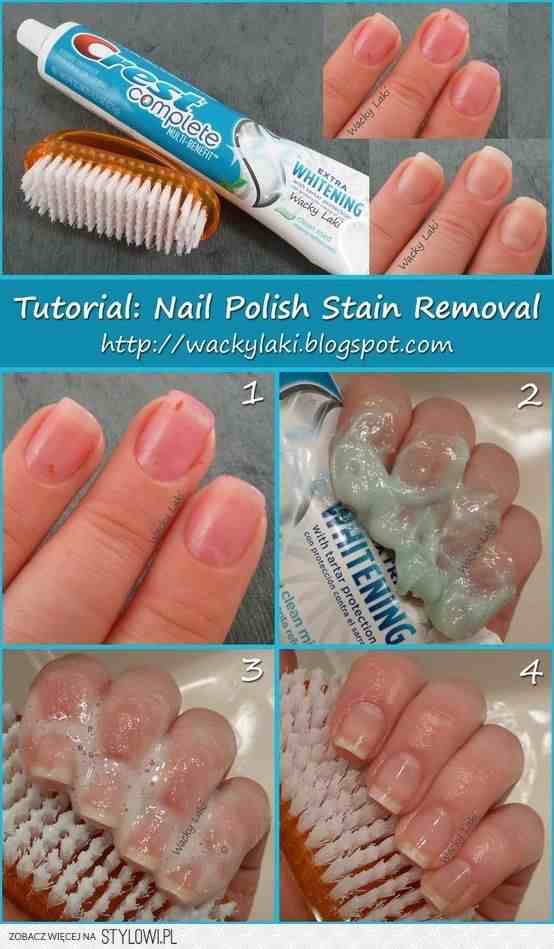 Use whitenining tooth paste to get rid of nail polish stains and to whiten your nails