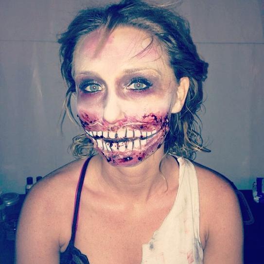 7.You may also go for a zombie look, drawing white teeth in a large size, drawing blood all over your mouth.