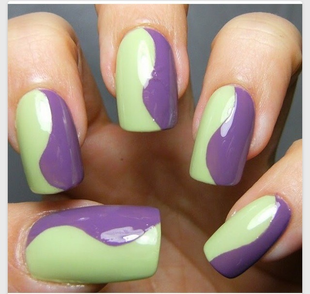 1. Pick two nice colours that would match
2. Paint half of your nails one colour then add the other half with a different colour
