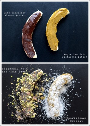 Instructions
1. Peel the bananas and coat them with the peanut butter.
2. Melt the chocolate (either by using a microwave or place it into a heatproof bowl and put it over a pan of barely simmering water). 
3. Cover the bananas with the melted chocolate and sprinkle them with the above named topping