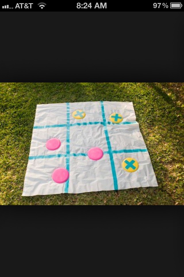 6.) FRISBEE TIC TAC TOE
Get a tarp or a curtain and use either duck tape or spray paint for the lines! Then get some frisbees and duct tape or spray paint X's on them and leave half of them blank because those ones will be your circles!!