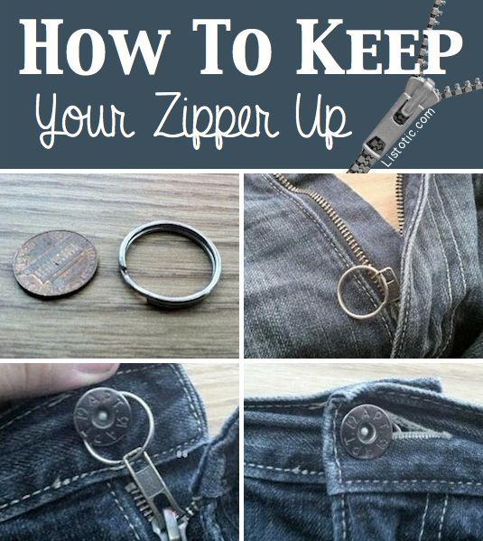 Just use a keychain thing and zip up your pants and put the chain around your button and then button your pants and this trick works all the time for me.