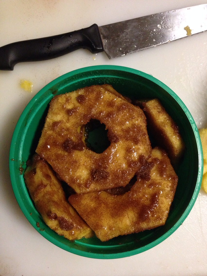 Brown Sugar & Cinnamon Pineapple
1 Pineapple
1 c brown sugar (or mix tsp of molasses into regular sugar)
2 tbs cinnamon
Cloves (optional)
Mix loose ingredients and dip cut pineapple into the mixture.Leave in fridge overnight.Grill or bake in oven at 400 degrees for 15-20 minutes.Save marinade juice.