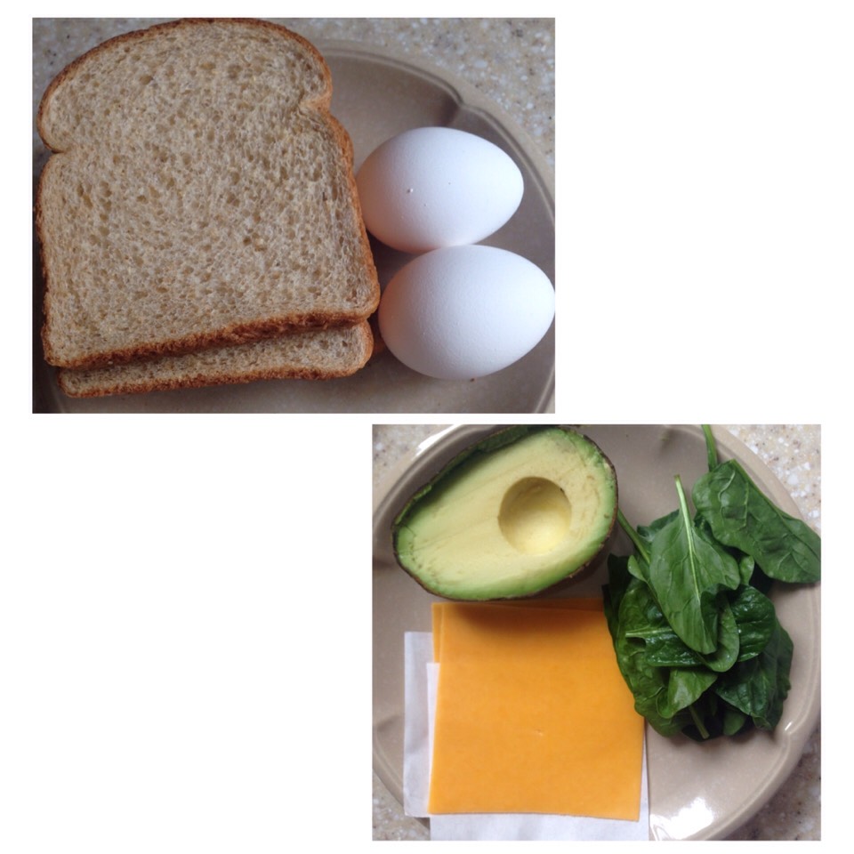 First things first, get your ingredients together. These can vary by what you like.
I used whole wheat bread, eggs, avocado, spinach and Kraft sharp cheddar cheese slices. (You could use whatever bread or cheese you'd like and spinach is optional)