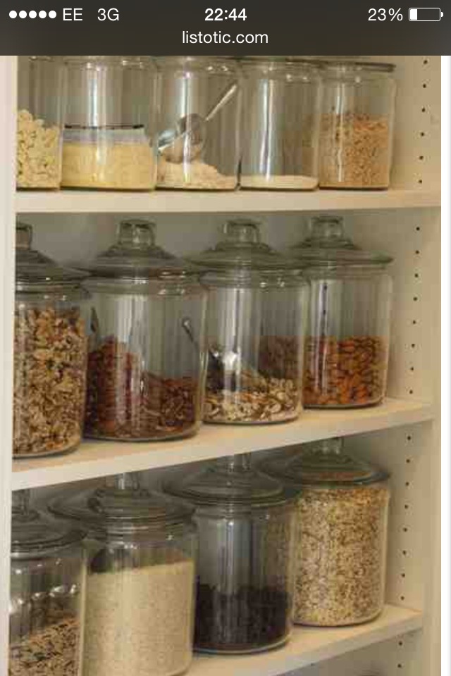 3. Glass jars with scoops- Using glass or plastic containers to store your baking goods makes it easy to see what you have, and easily & quickly use.
