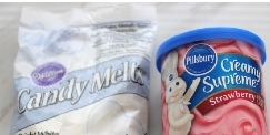 1 (16oz) strawberry frosting
1 (12 oz) bag white chocolate
Heart shaped decorations; optional