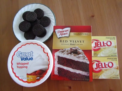 Ingredients:
1 box Red Velvet cake mix
ingredients needed to make cake (eggs, oil & water)
2 (3.4 oz.) boxes instant Cheesecake-flavored pudding
4 cups milk
1 (8 oz.) tub frozen whipped topping, thawed
10 Oreo cookies, crushed (optional)