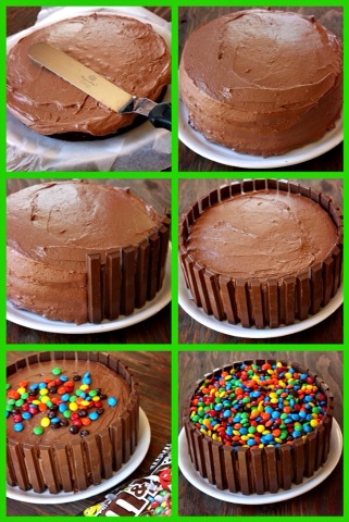 Make a chocolate cake, layer it with frosting, then put m&ms all over the top. After, put kit kats around the sides to complete the cake! 