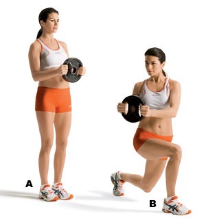 Lunge twist:
Targets: Abs, obliques, butt, quads
	•	Stand with feet hip-width apart, knees slightly bent, elbows bent 90 degrees by hips.
	•	Lunge forward with right leg and rotate torso and arms to right.
	•	Rotate back to center as you quickly push off right foot to return to start.
	•	Do 16 reps, alternating sides