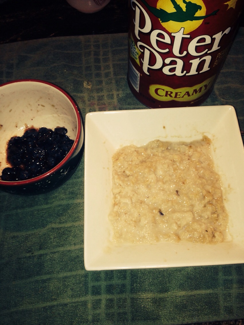 I use instant oatmeal from Quakers. But you can also stove top cook it if you please. Instant is just faster for a busy girl like me!
I also use a dollop of Peter Pan peanut butter! Adds great taste, and consistency.