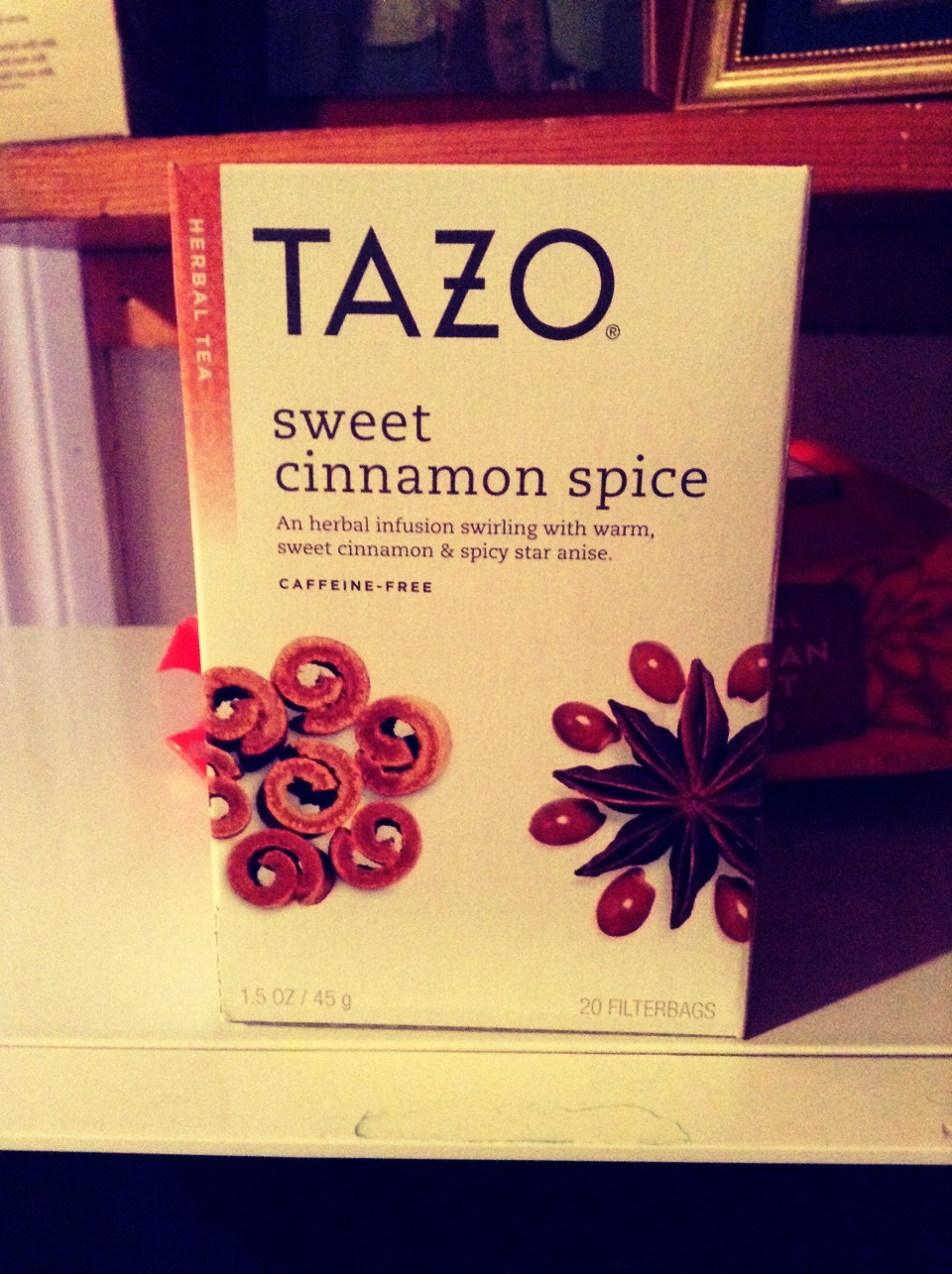 Tazo is number 2 on my list of fav teas, and this is sweet and spicy ^-^ a bit of brown sugar or agave syrup is awesome with this (and there is no caffeine ;) )