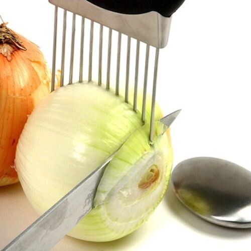 --> Onion Holder
-> TThis handy gadget not only holds the onion for you (no more stinky hands), but also guides your knife for perfectly even slices