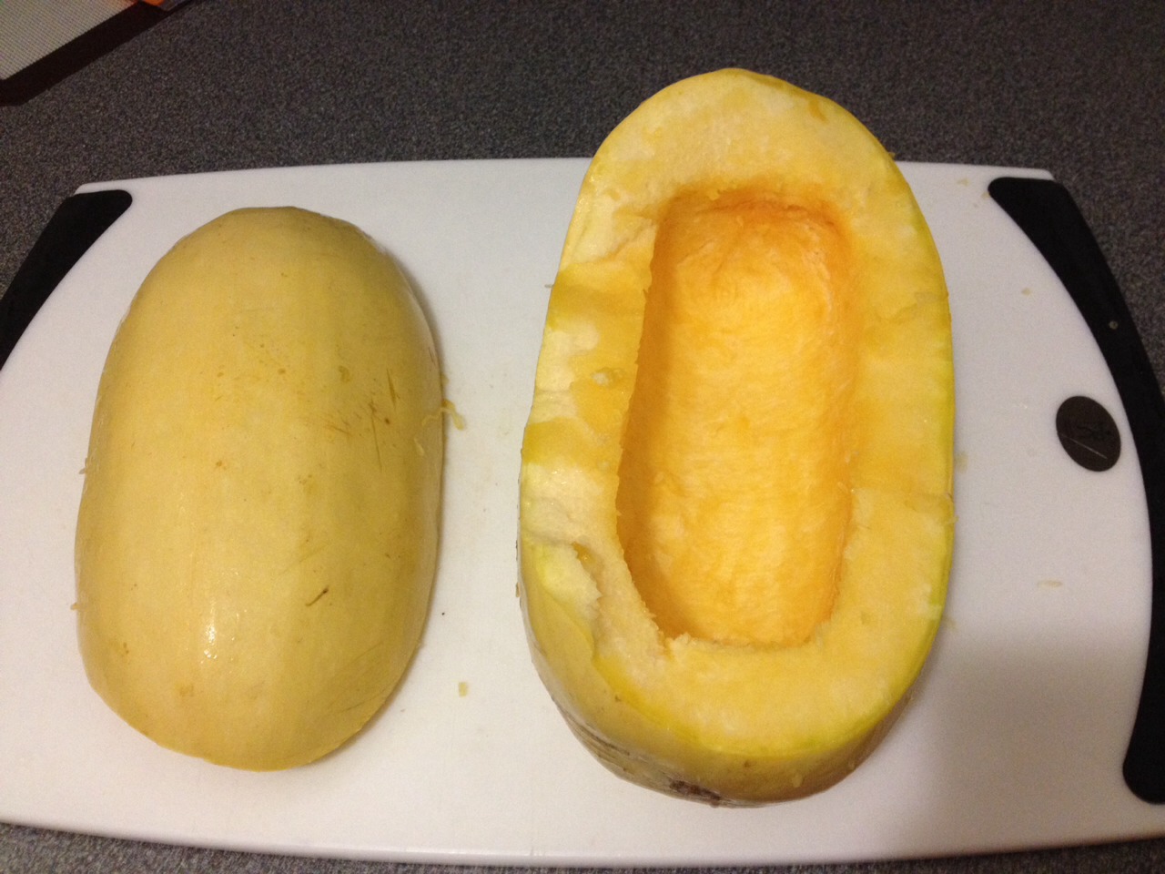 Spaghetti squash cut in half and gutted. Place on greased cookie sheet face down and skin up. Bake at 375F for 30 min. May take longer depending on how large squash is. Test tenderness by poking knife thru skin and if slides in with ease, it's cooked.