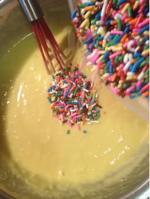 Prepare yellow cake mix as directed, add sprinkles. 