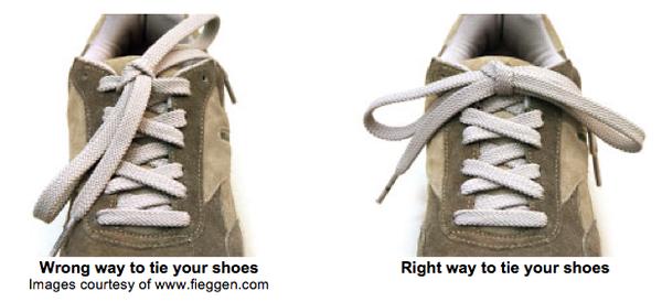 While tying your shoelaces, the bow must rest horizontally, else you risk them getting untied quickly.