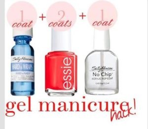 20. DIY gel manicure-
Base coat- Sally Hansen Hard as Wraps
2 coats of nail polish
Top coat- Sally Hansen No Chip Top Coat
Lasts for 7-10 days!
