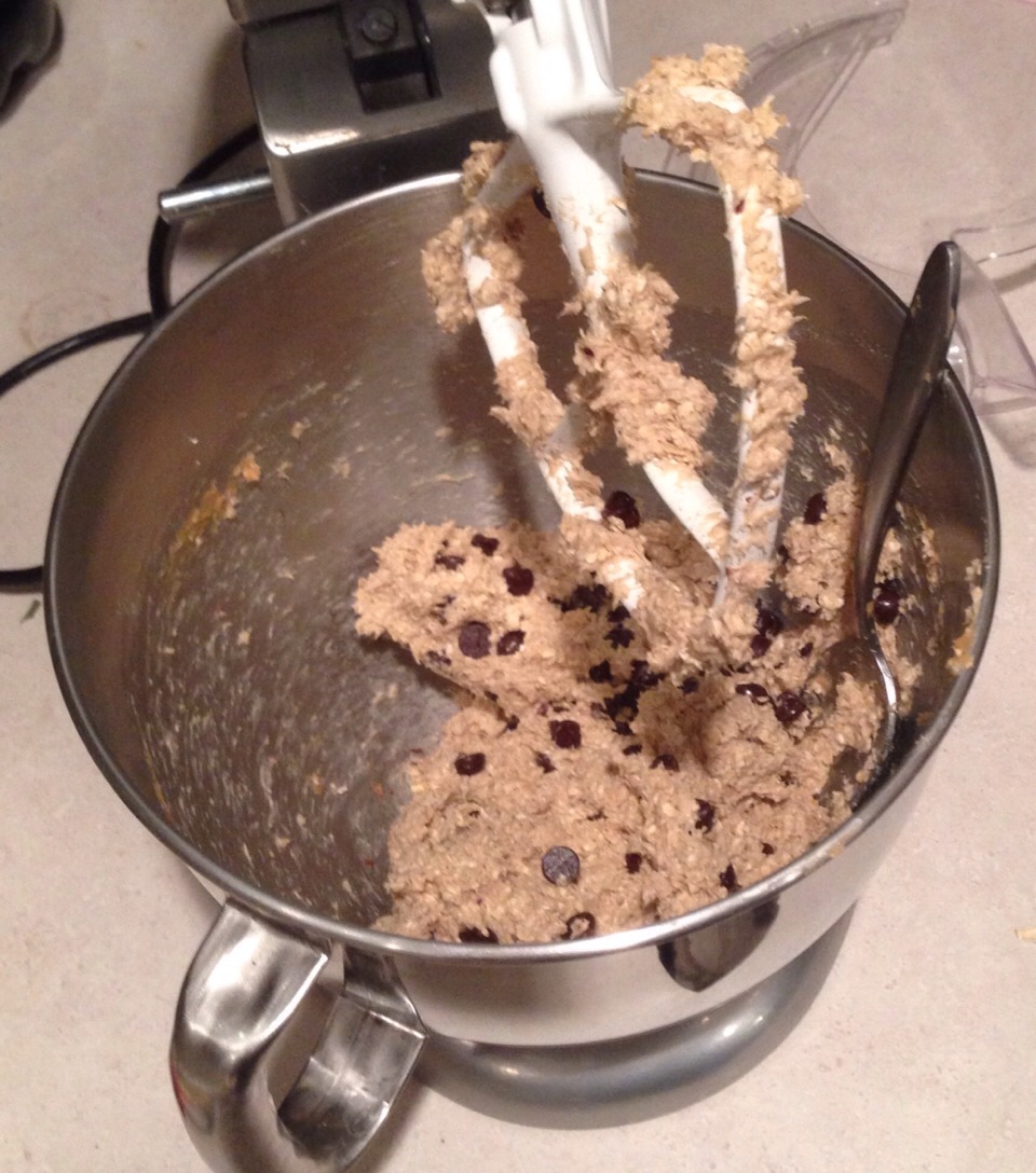 Mix 3 cups of quick oats, 3 ripe bananas, and 2 Tbsp of peanut butter. Add in extras once the mix is blended. We used 1/2 cup of chocolate chips! You can also use Crasins, walnuts, almonds, or shredded coconut.