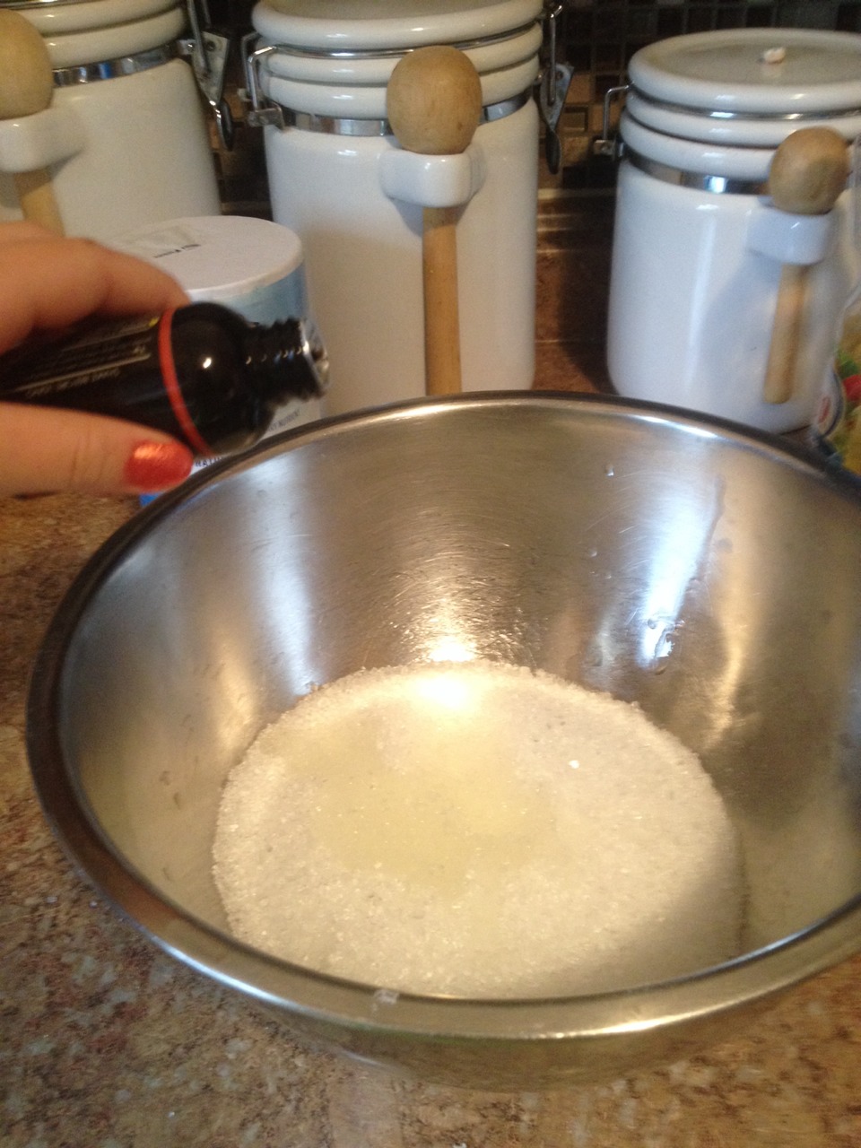 Then, you will pour 5-10 drop of scented oil into your mixture (optional)