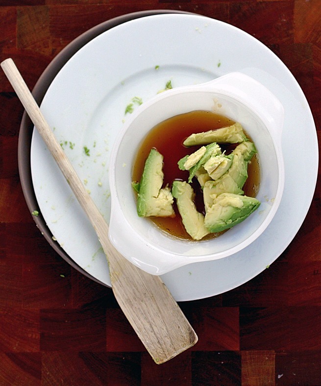 Add the avocado slices to the honey and mash it up like crazy.  Use a fork to get the avocado nice and mixed in, but there will still be little pieces of avocado in the mix.  Don’t stress about that, you’ll counteract all that zen you’re working on creating and we can’t have that, I won’t allow it.
