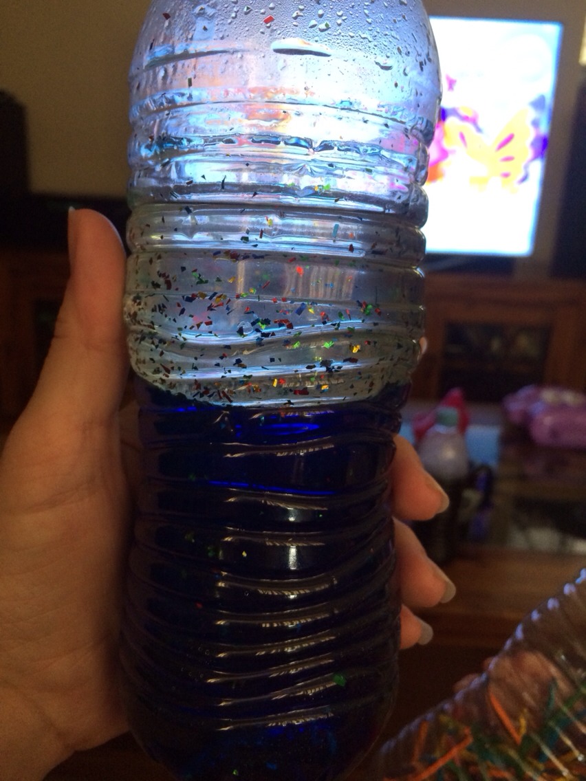 Water food colouring baby oil and a little glitter