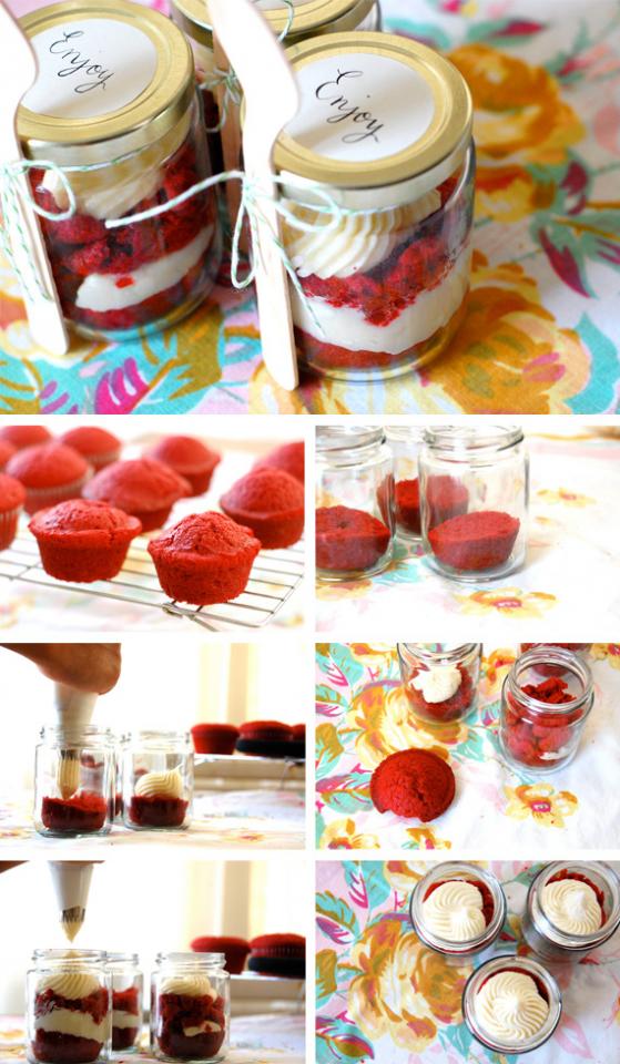 Red velvet Cupcakes in a Jar
Recipe: http://mycakies.com/2010/03/diy-cupcake-in-a-jar/