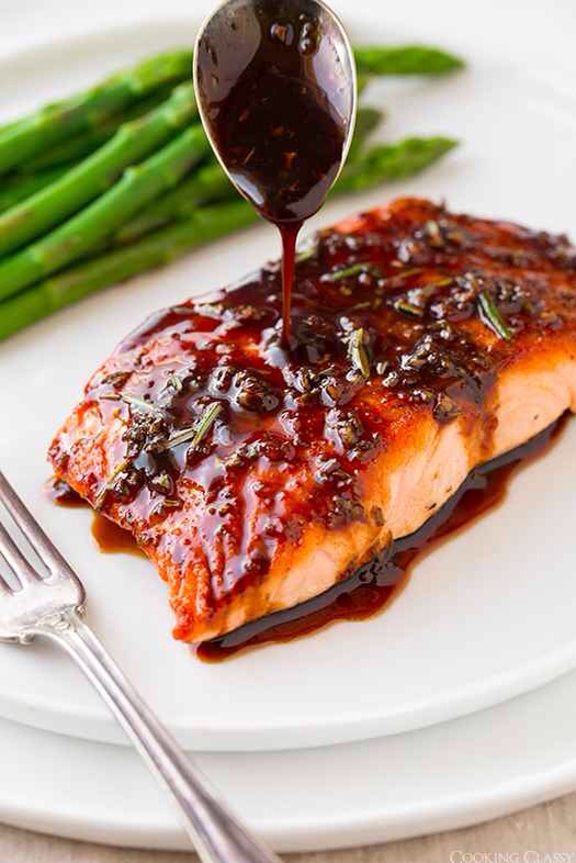 6. Balsamic Glazed Samon.
Salmon + balsamic + white wine + honey + dijon. (Optional: Rosemary to garnish.) Get the recipe.

cookingclassy.com