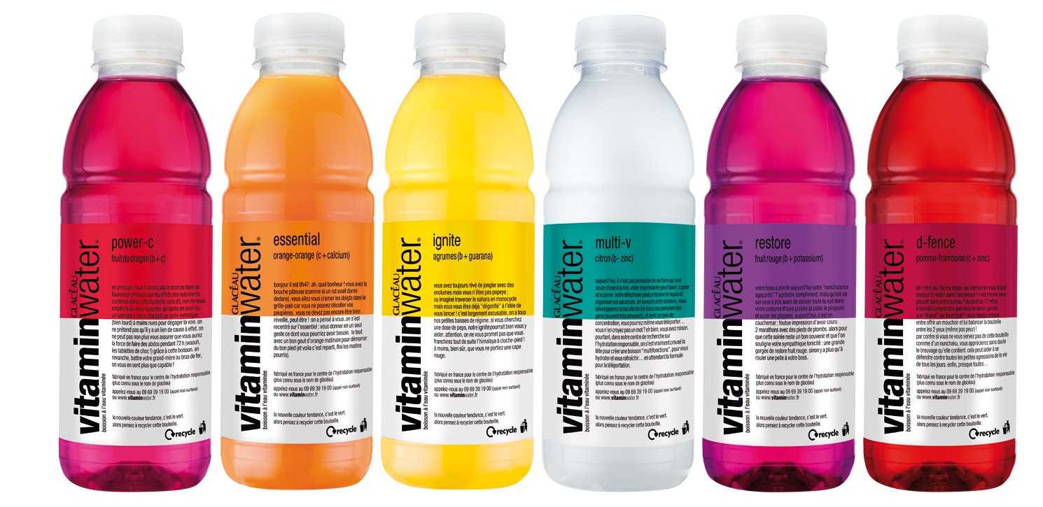 11. Vitamin water: A bottle of Vitamin Water is 2.5 servings, so nutritional label should be adjusted(unless you're going to drink less than half a bottle at a time). 1 bottle of Vitamin Water contain 125 calories and 33g of sugar. That's more than a 12 ounce serving of Coke (110 cal 30g of sugar)