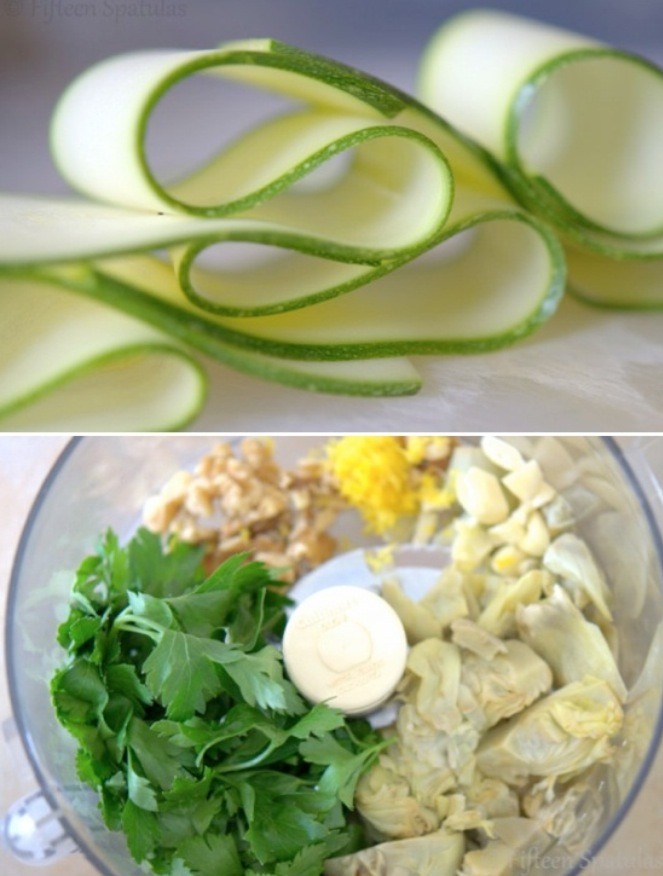 Slice zucchini very thin, then grill slightly.
In a food processor, mix artichoke hearts, parsley, garlic, and whatever else you might desire!