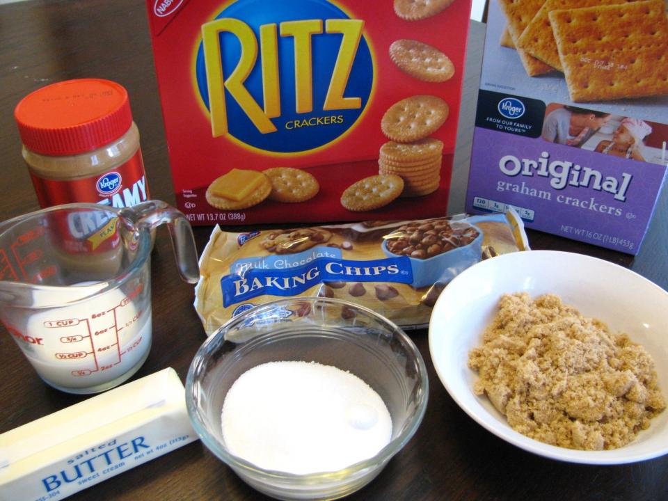 Here's what you will need:  Ritz crackers, graham crackers, peanut butter, brown sugar, white sugar, butter, milk and chocolate chips.