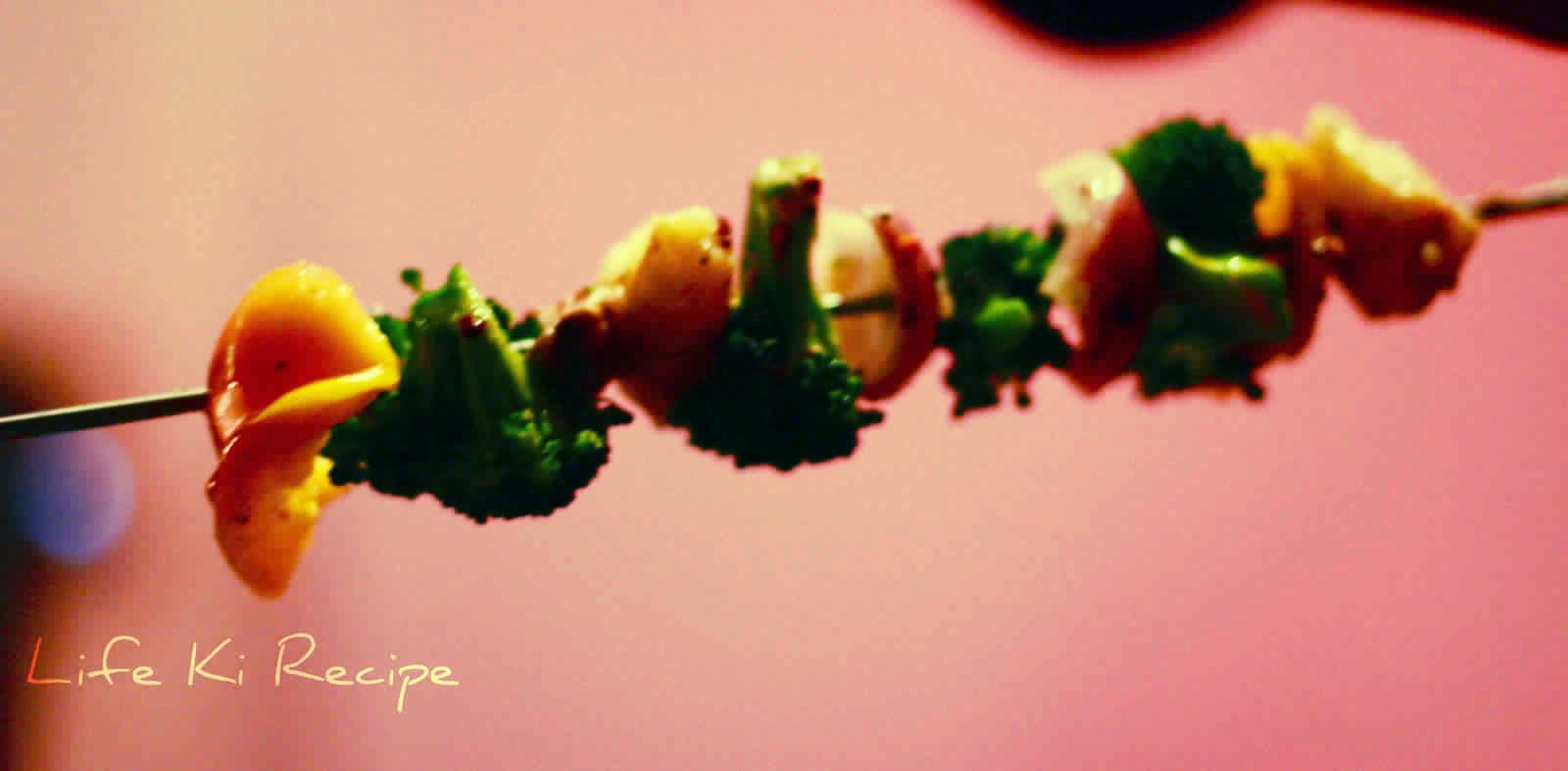  If you're using a wooden skewer, as you thread the food 
 move the pieces close together, with no space showing. 
 If the skewer is metal, you can leave small spaces between 
 the pieces. 