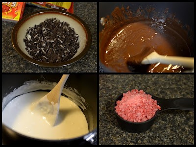 Refrigerate for 10 minutes or until set. In a saucepan over low heat, melt the white chocolate chips. Stir until melted. Stir in the vanilla frosting and continue stirring until melted and creamy. Stir in the crushed red hots. 