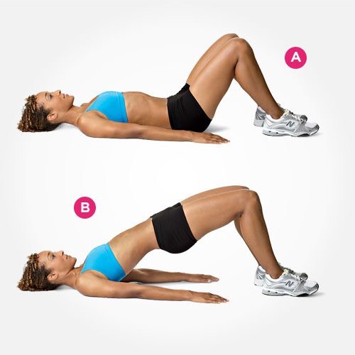 Gluteal bridge
This hip raise targets your pelvic muscles for an even bigger O.
Do the move: Lie on the floor, arms at your sides, knees bent, and heels on the floor (A). Lift your hips off the floor until your knees, hips, and shoulders form a straight line (B). Do 20 reps.