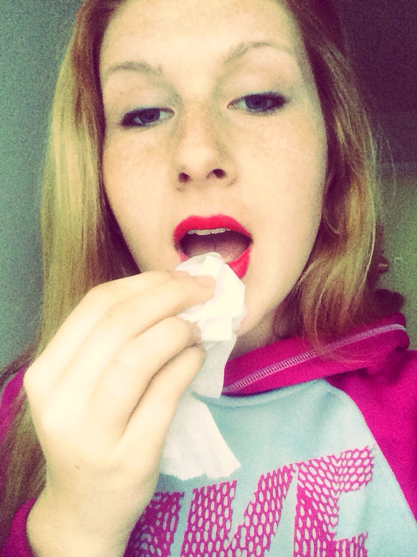 Gently dab around the mouth to hold lip color